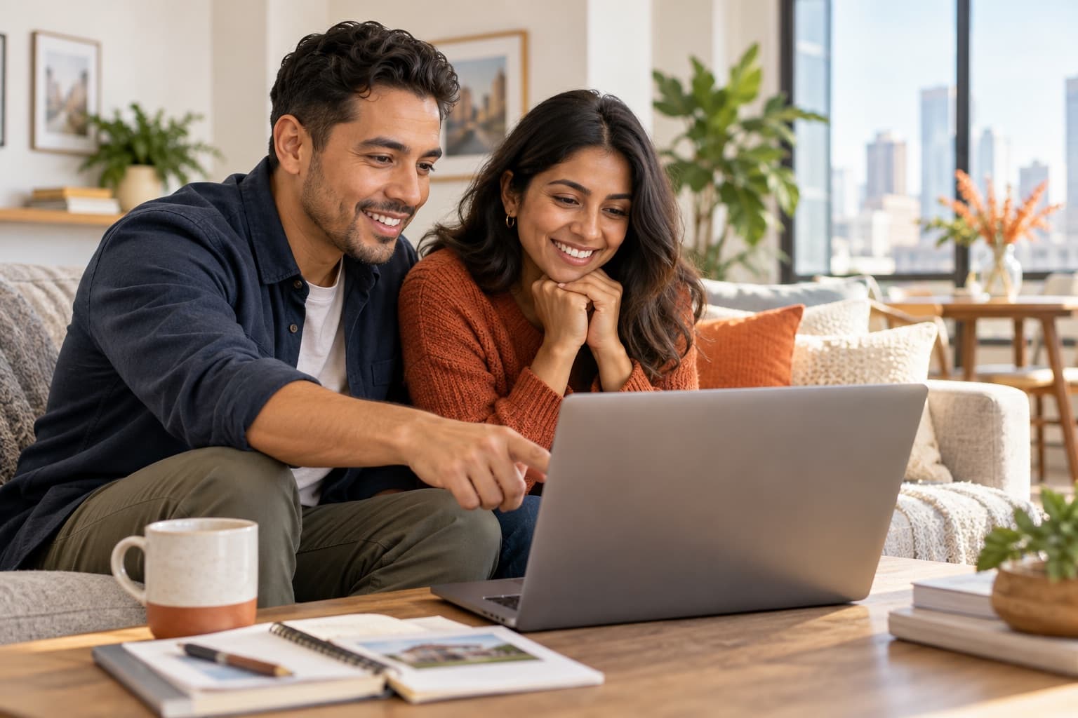 A couple smiling while reviewing an offer together on a laptop
