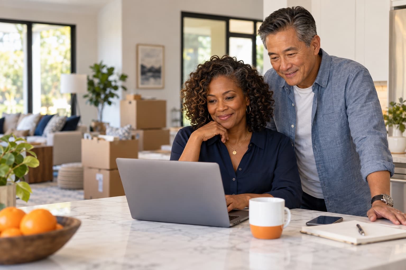 Homeowners reviewing an offer together on a laptop at the kitchen counter