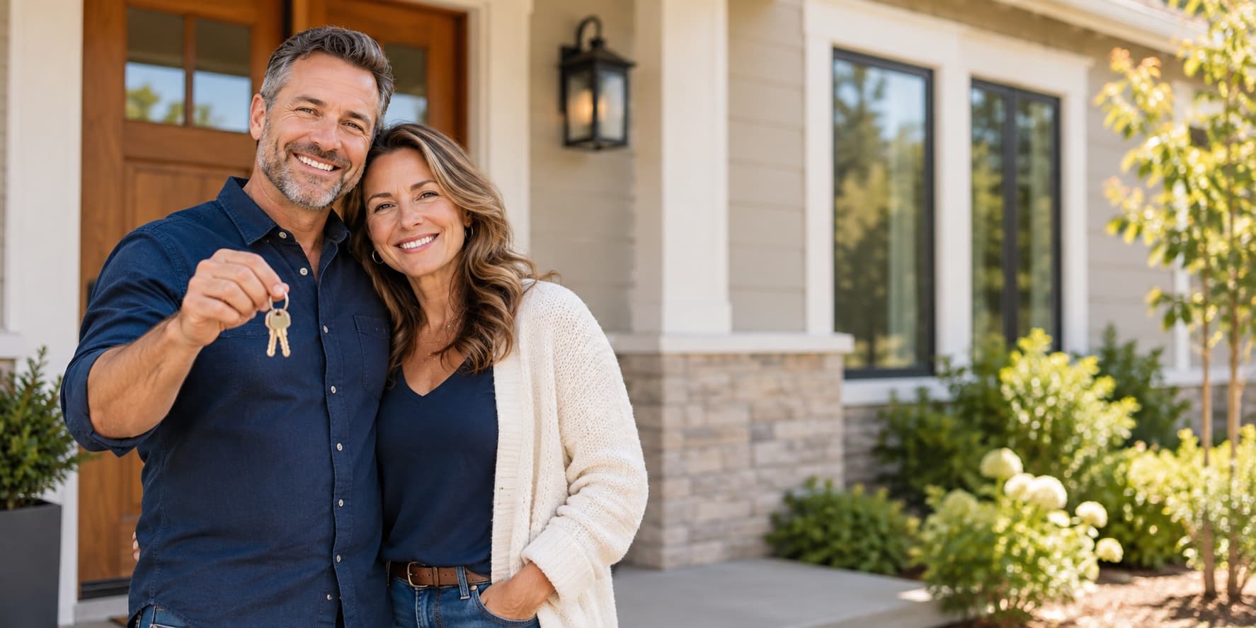 Smiling homeowners standing at the front door of their home