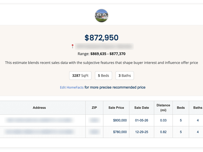 PriceCoach™ estimate showing a recommended price, a price range and a table of comparable recent sales