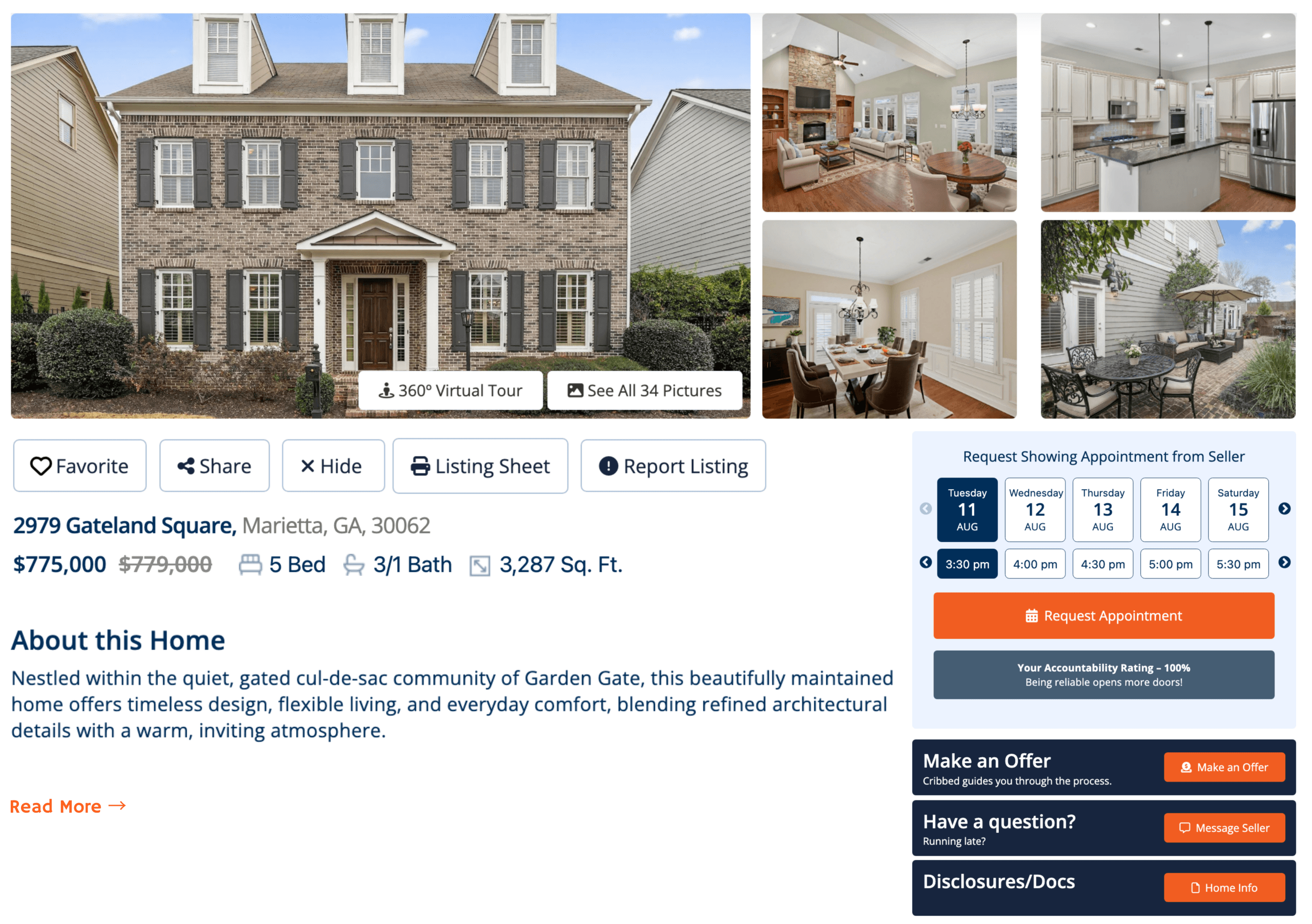 Cribbed listing page with photos, showing requests, and offer options