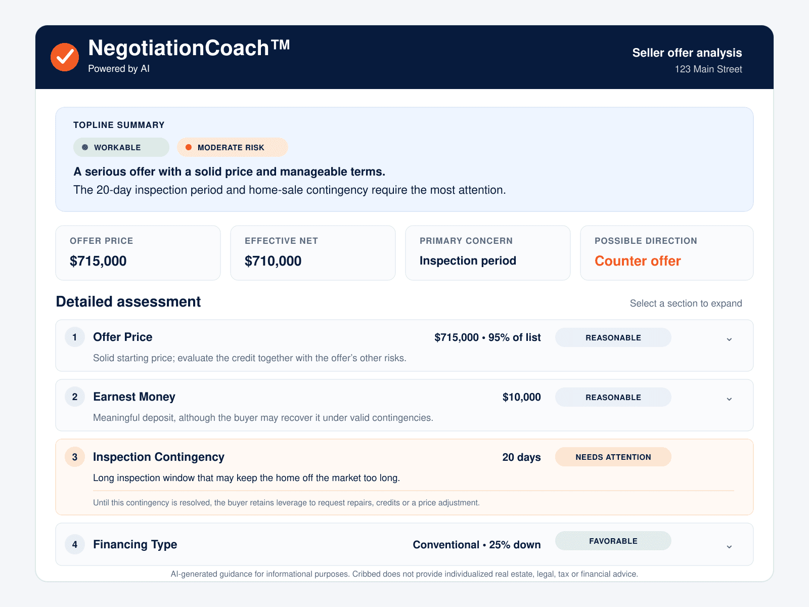 NegotiationCoach™ seller offer analysis with a topline summary and a detailed assessment of each offer term
