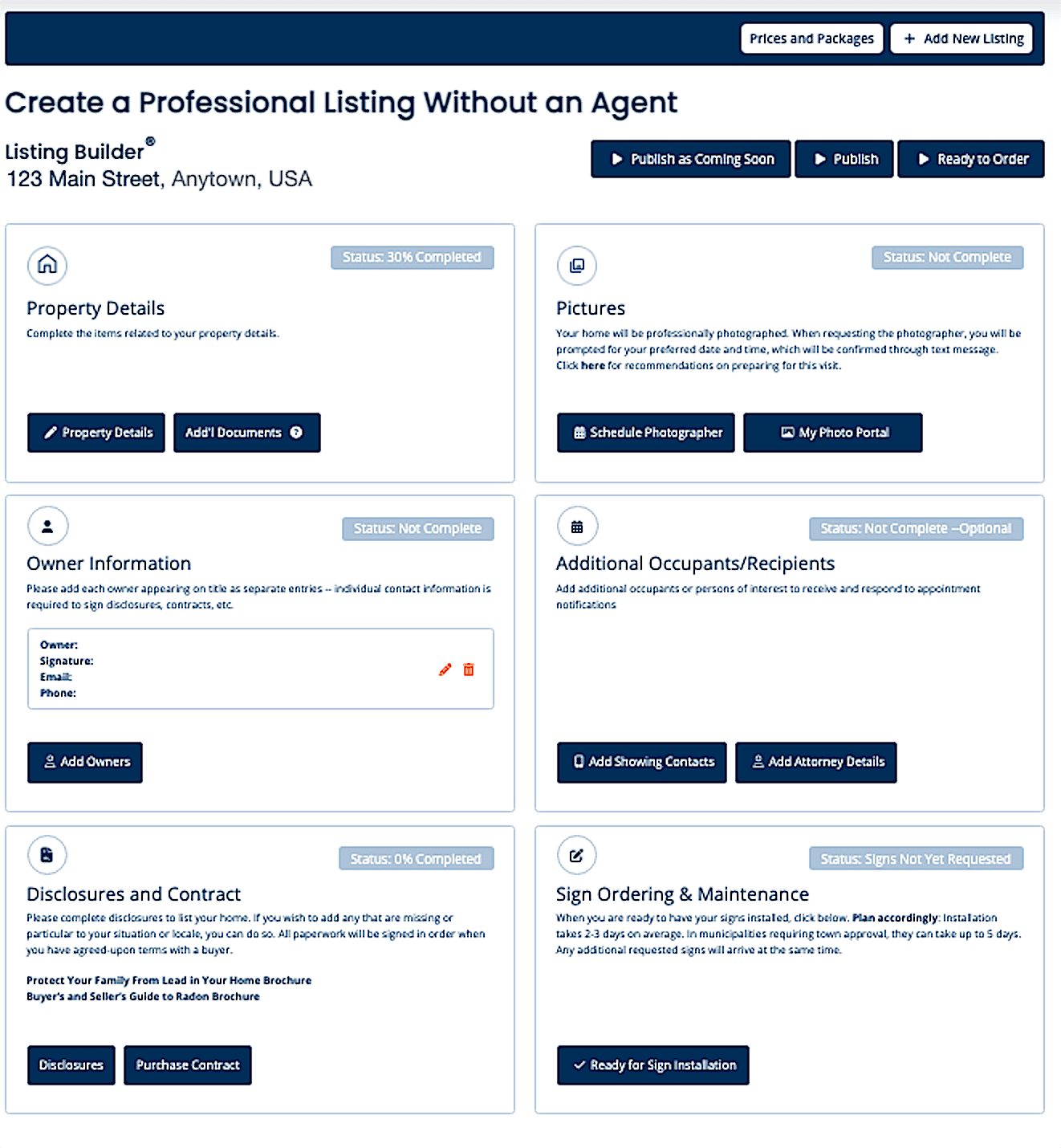 Cribbed Listing Builder showing a seller’s checklist: property details, pictures, owner information, occupants, disclosures and contract, and sign ordering