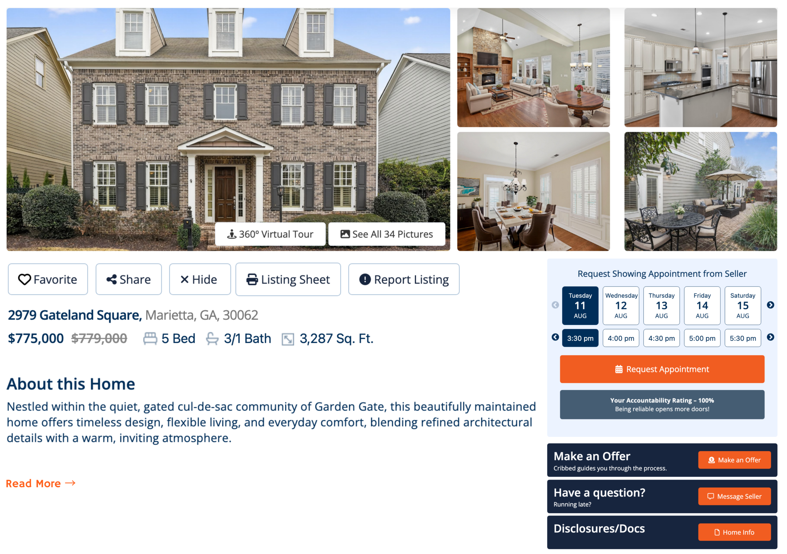 Cribbed listing page with photos, showing requests, and offer options