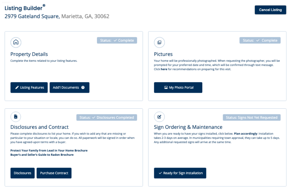 Cribbed listing builder with step by step listing tasks